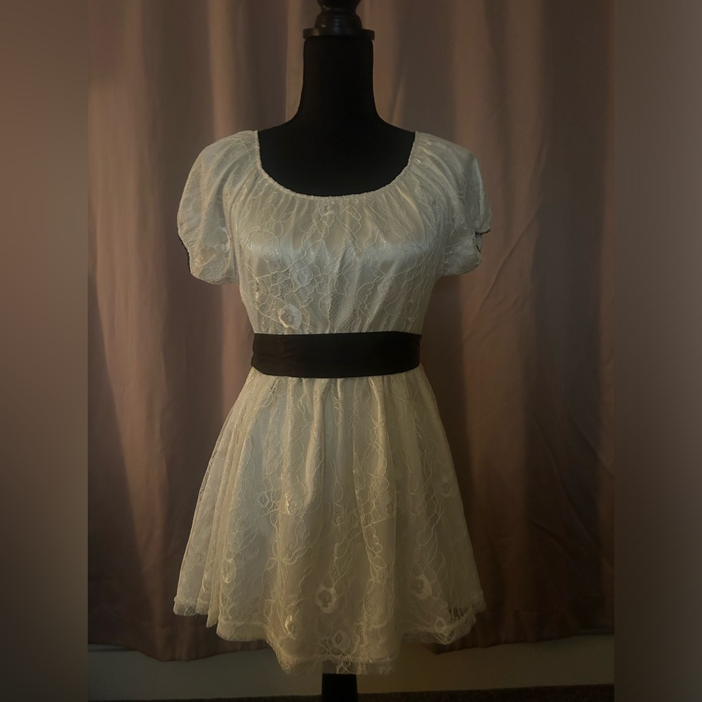 CUSTOM MADE!! Cream lace dress with black ribbon waist details!
